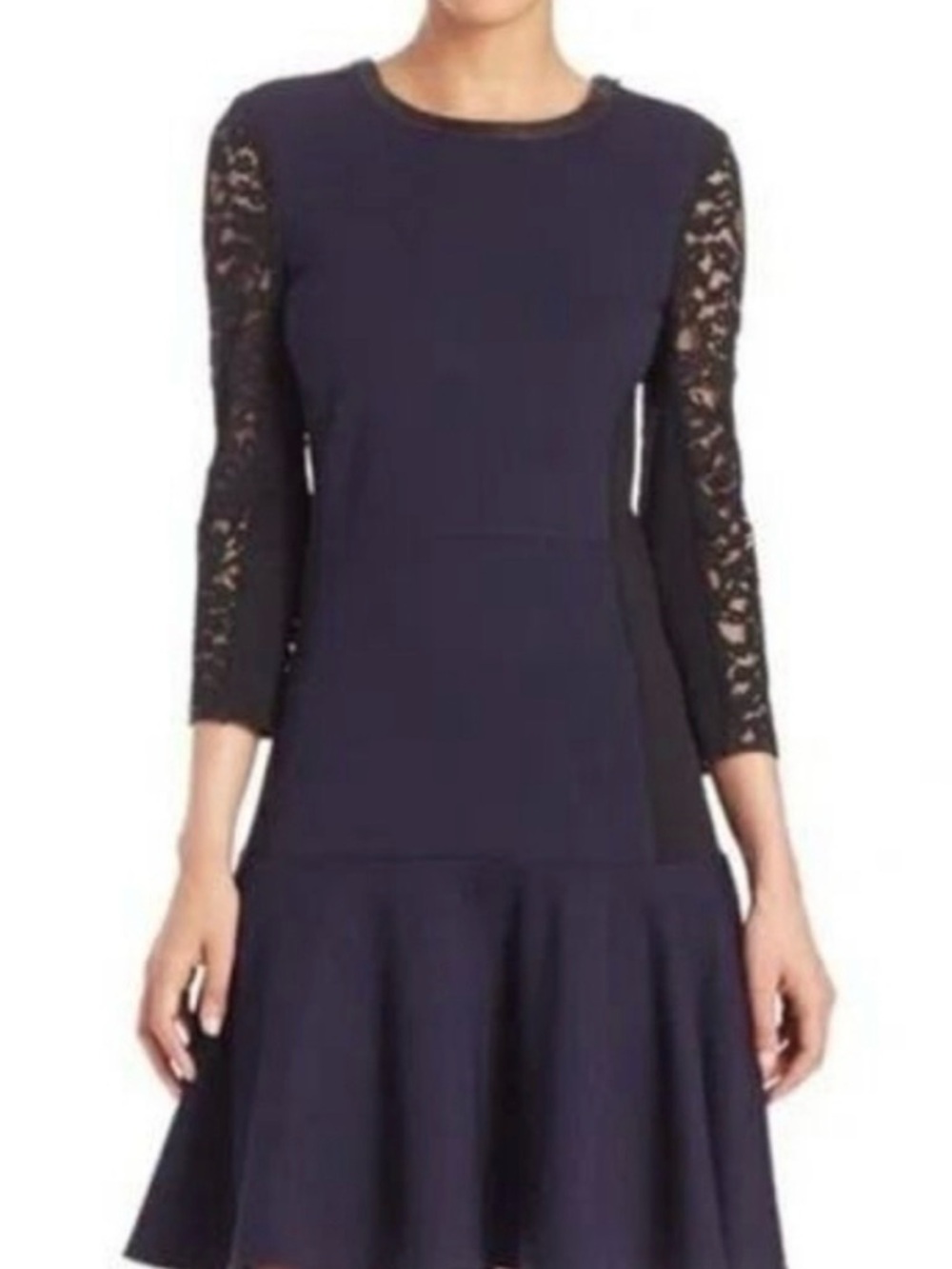 Rebecca Taylor Elegant Navy Lace-Sleeve Fit & Flare Dress